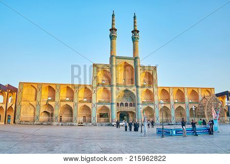 YAZD IRAN - OCTOBER 17 2017: Amir Chakhmaq Complex is the most notable landmark of the city on October 17 in Yazd