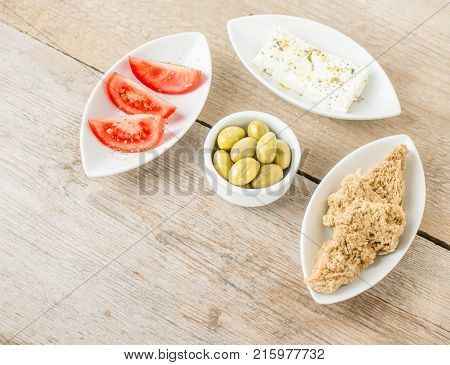 Greek Appetizers feta tomatoes and rusks. Mediterranean traditional healthy food.
