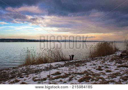 snowy landscape in Kreuzlingen with view on lake Konstanz