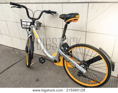 Vienna Austria 28.11.2017 Electric bicycle Sharing branded O-Bike placed on sidewalk