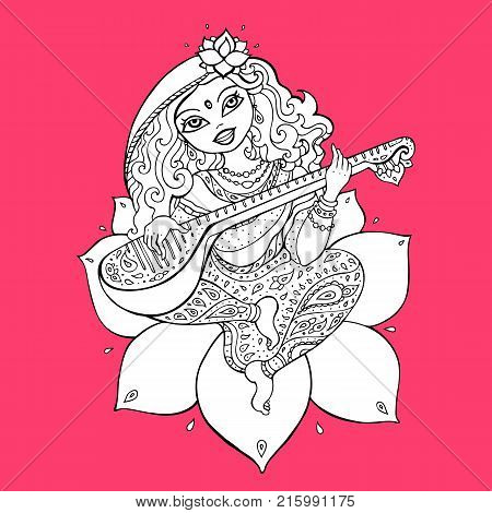 Hindu Goddess Saraswati. Vector hand drawn illustration.