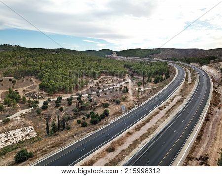 Top view of a highway through Israel in the region of the Negev