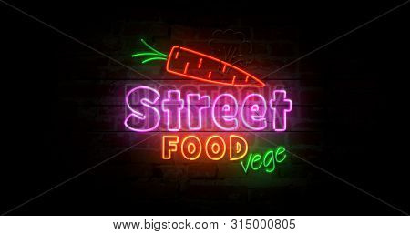 Street Food Vege Neon Symbol On Brick Wall. Light Bulbs With Vegetarian Food And Green Leaf Symbol 3