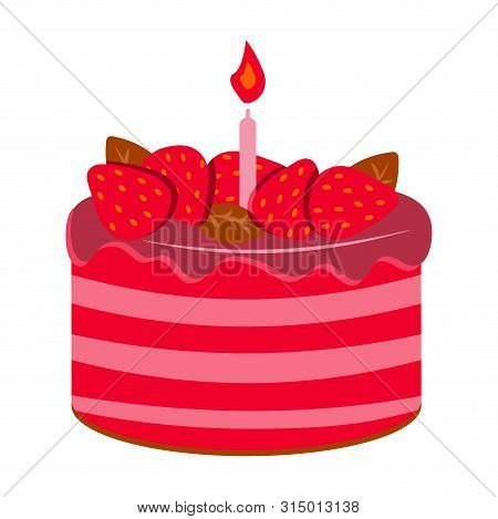 Birthday Cake  Illustration With Strawberries And A Burning Candle