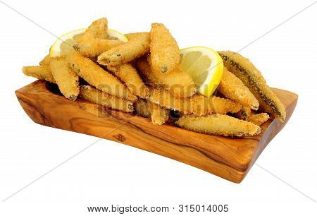 Fried Bread Crumb Covered Whitebait Fish In An Olive Wood Dish Isolated On A White Background