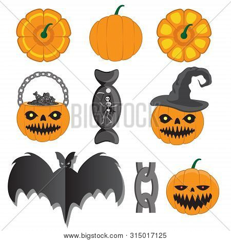 Set Of Design Elements For Halloween Pumpkin Bat Candy Hat. Vector Illustration. Eps 10