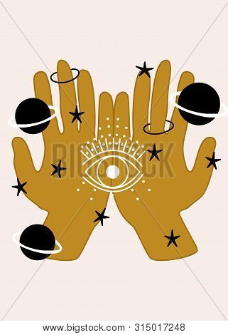 Hand,eyes, Planets And Celestial Elements. Vector Elements