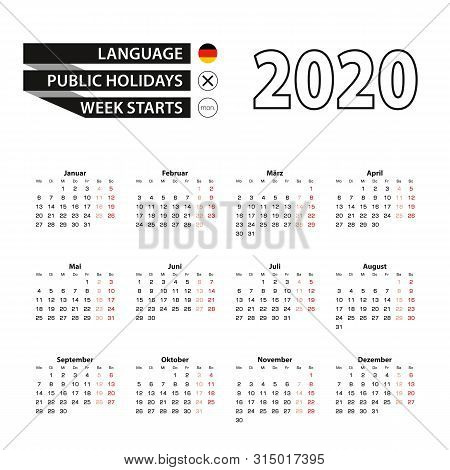 Calendar 2020 In German Language, Week Starts On Monday. Vector Calendar 2020 Year.