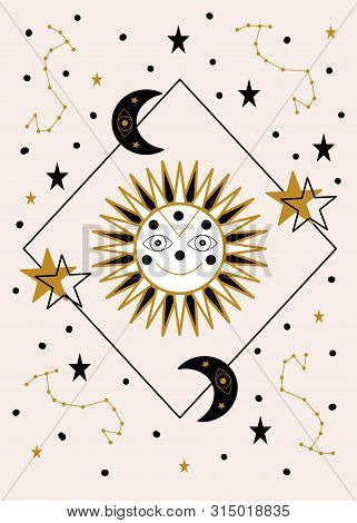 Smiling Sun And Celestial Elements. Vector Illustration
