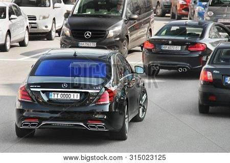 Kiev, Ukraine - May 3, 2019: Black Mercedes S63 Amg In Motion