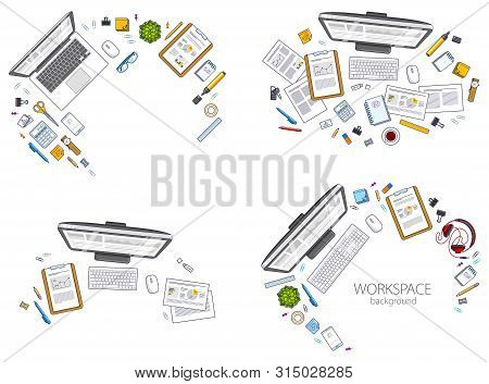 Office Desks Workspaces Top View With Pc And Laptops  And Diverse Stationery Objects For Work, Overh