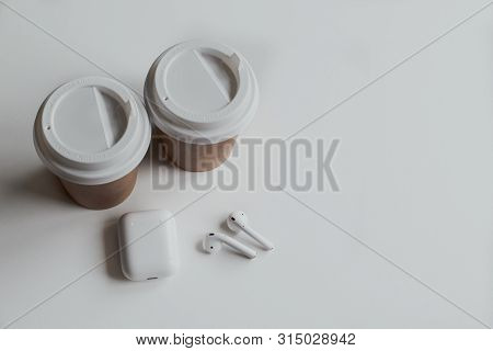 Flat Lay White, Two Glasses For Coffee Or Tea, Wireless Headphones