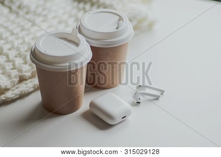 Flat Lay White, Two Glasses For Coffee Or Tea, Wireless Headphones