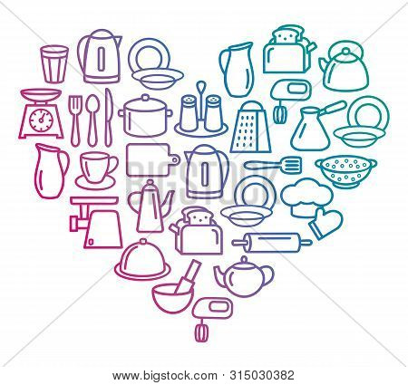 Cooking Set In Heart Template Of Modern Thin Line Icons Home Tableware, Household And Kitchen Utensi