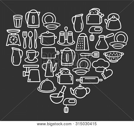 Cooking Set In Heart Template Of Modern Thin Line Icons Home Tableware, Household And Kitchen Utensi