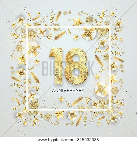 Creative Background, 18Th Anniversary, Adulthood. Celebration Of Golden Text And Confetti On A Light