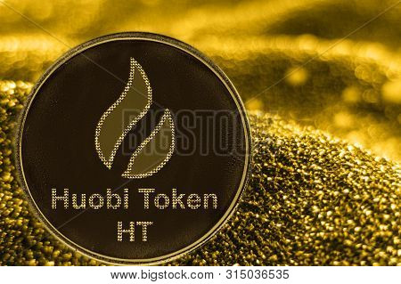Coin Cryptocurrency Ht And Gold Fabric Background. Huobi Token Logo.