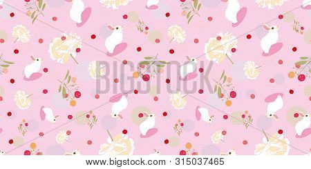 Pink Floral Pattern With White Rabbit, Floral And Pink Dot. Surface Pattern Design.