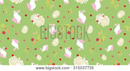 Green Floral Pattern With White Rabbit, Floral And Pink Dot. Surface Pattern Design.