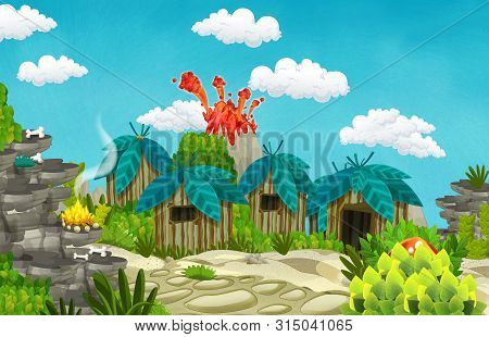 Cartoon Cavemen Village Scene With Volcano In The Background - Illustration For Children