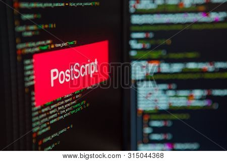 Programming Language, Postscript Inscription On The Background Of Computer Code. Modern Digital Tech