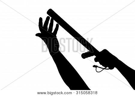 A Black And White Silhouette Of Two Arms With Rubber Police Baton Isolated On White Background