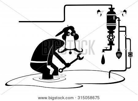 Breakdown, Mechanic And Pipe Construction Illustration. Comic Mechanic With A Big Wrench Repairs Pip