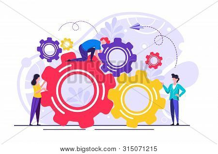 Business Concept Of Vector Illustration, Little People Links Of Mechanism, Business Mechanism, Abstr