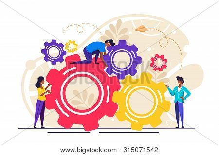 Business Concept Of Vector Illustration, Little People Links Of Mechanism, Business Mechanism, Abstr