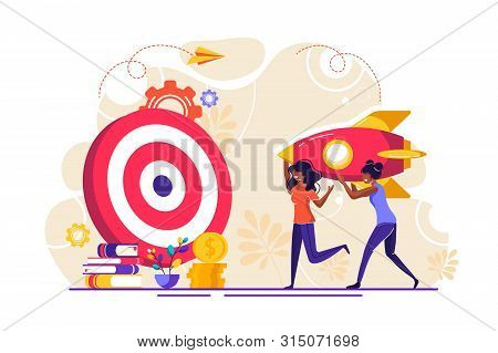 Business Concept Vector Illustration, Rocket Reaches The Target, Hit The Target, Goal Achievement - 