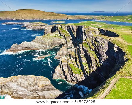 Amazing Wave Lashed Kerry Cliffs, The Most Spectacular Cliffs In County Kerry, Ireland. Tourist Attr