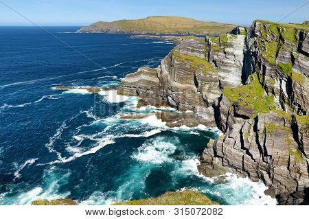 Amazing Wave Lashed Kerry Cliffs, The Most Spectacular Cliffs In County Kerry, Ireland. Tourist Attr