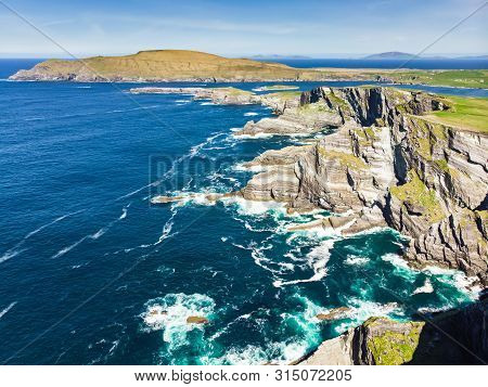 Amazing Wave Lashed Kerry Cliffs, The Most Spectacular Cliffs In County Kerry, Ireland. Tourist Attr