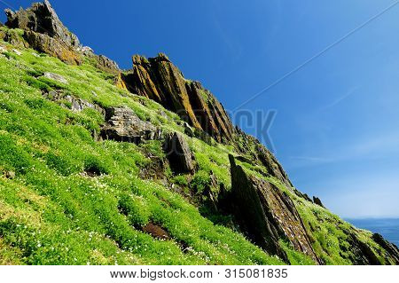 Skellig Michael Or Great Skellig, Home To The Ruined Remains Of A Christian Monastery. Inhabited By