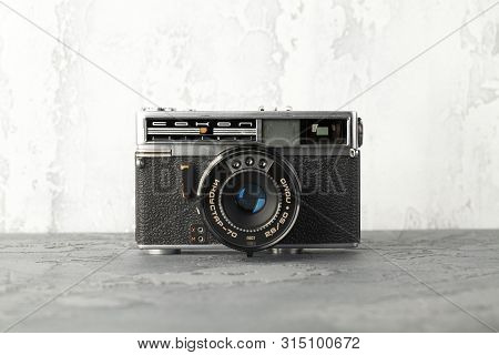 Moscow, Russia, August 02, 2019. The Old Soviet Rangefinder Automatic Film Camera Sokol Automat, Rel