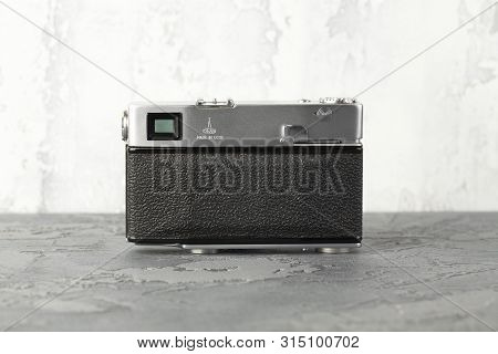 Moscow, Russia, August 02, 2019. The Old Soviet Rangefinder Automatic Film Camera Sokol Automat, Rel