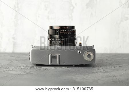 Moscow, Russia, August 02, 2019. The Old Soviet Rangefinder Automatic Film Camera Sokol Automat, Rel
