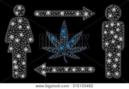 Glowing Mesh People Exchange Cannabis With Glare Effect. Abstract Illuminated Model Of People Exchan