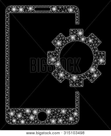 Glowing Mesh Phone Setup Gear With Glare Effect. Abstract Illuminated Model Of Phone Setup Gear Icon