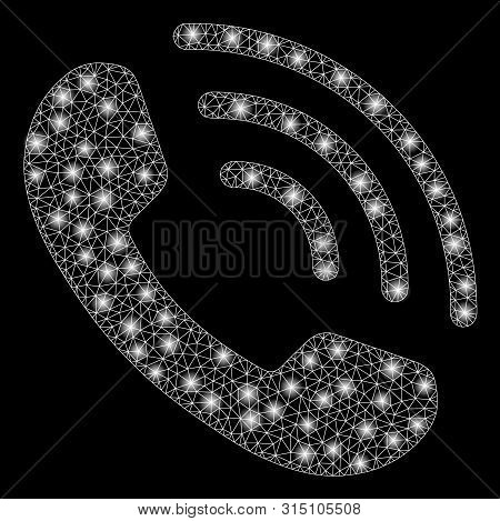 Glowing Mesh Phone Ring With Glare Effect. Abstract Illuminated Model Of Phone Ring Icon. Shiny Wire