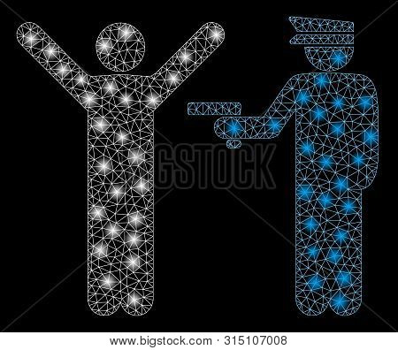 Glowing Mesh Police Arrest With Glow Effect. Abstract Illuminated Model Of Police Arrest Icon. Shiny