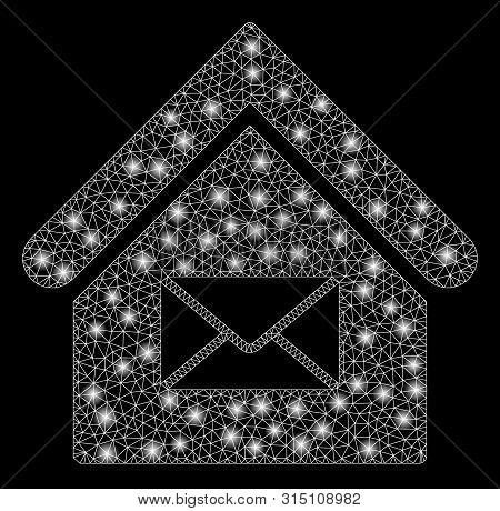 Glowing Mesh Post Office With Glitter Effect. Abstract Illuminated Model Of Post Office Icon. Shiny 