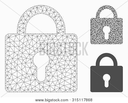 Mesh Lock Model With Triangle Mosaic Icon. Wire Frame Triangular Mesh Of Lock. Vector Mosaic Of Tria