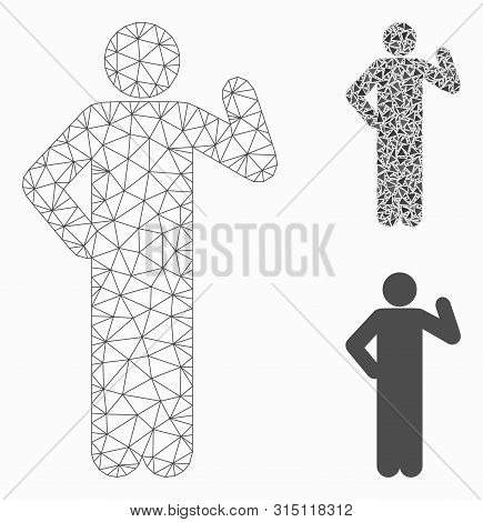 Mesh Proposal Pose Model With Triangle Mosaic Icon. Wire Carcass Triangular Mesh Of Proposal Pose. V