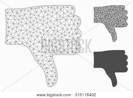 Mesh Thumb Down Model With Triangle Mosaic Icon. Wire Carcass Triangular Mesh Of Thumb Down. Vector 