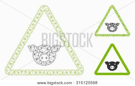 Mesh Pig Warning Model With Triangle Mosaic Icon. Wire Frame Polygonal Mesh Of Pig Warning. Vector M