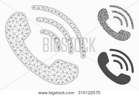 Mesh Phone Ring Model With Triangle Mosaic Icon. Wire Frame Polygonal Mesh Of Phone Ring. Vector Col