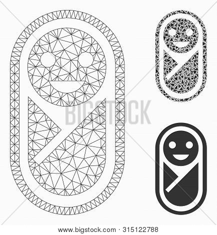 Mesh Infant Model With Triangle Mosaic Icon. Wire Frame Triangular Mesh Of Infant. Vector Mosaic Of 