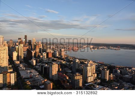 Seattle, Wa - Jul 12: Aerial View From The Space Needle In Seattle, Washington, On July 12, 2019. Th