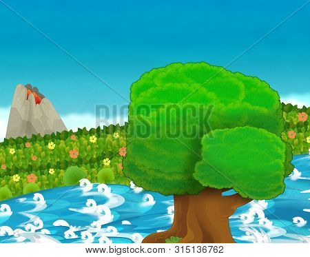 Cartoon Scene With Stream Or River Near Some Jungle And Active Volcano With Nobody On The Stage - Il